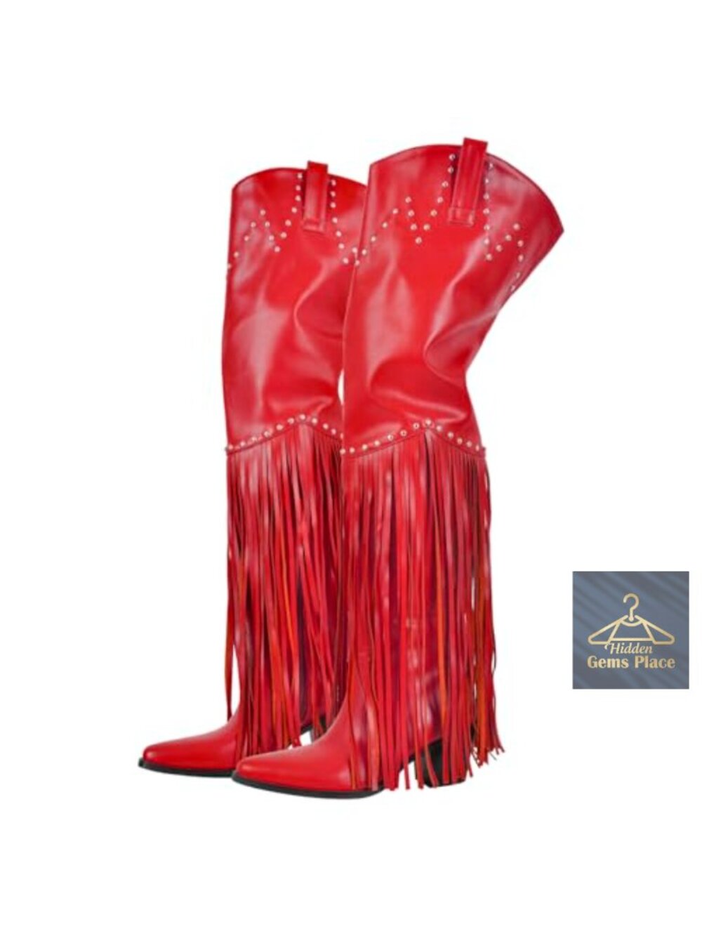 Faux Leather Fringe Over the Knee Cowboy Boots Chunky Block Heel